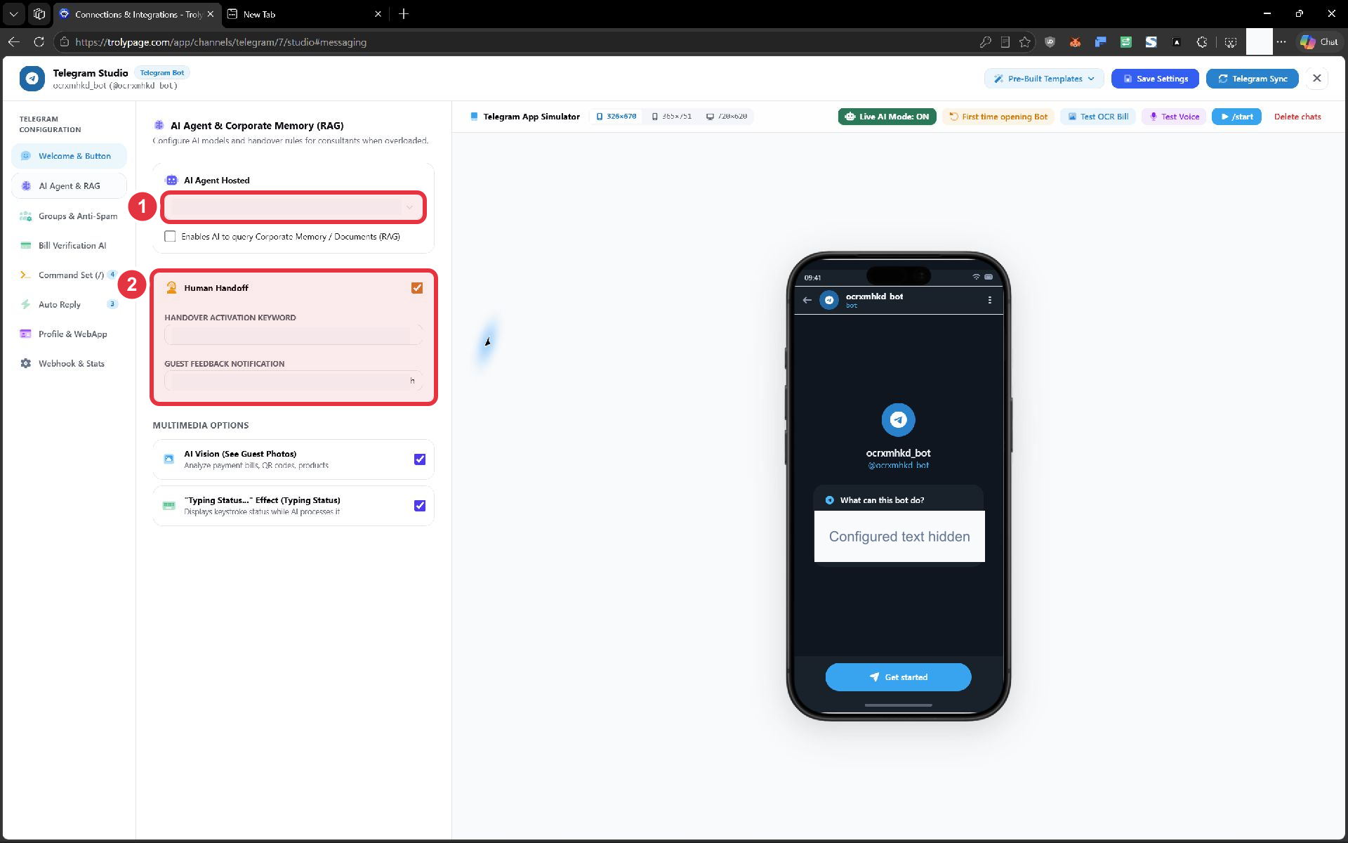 Nơi chọn AI Agent Hosted và cấu hình Human Handoff