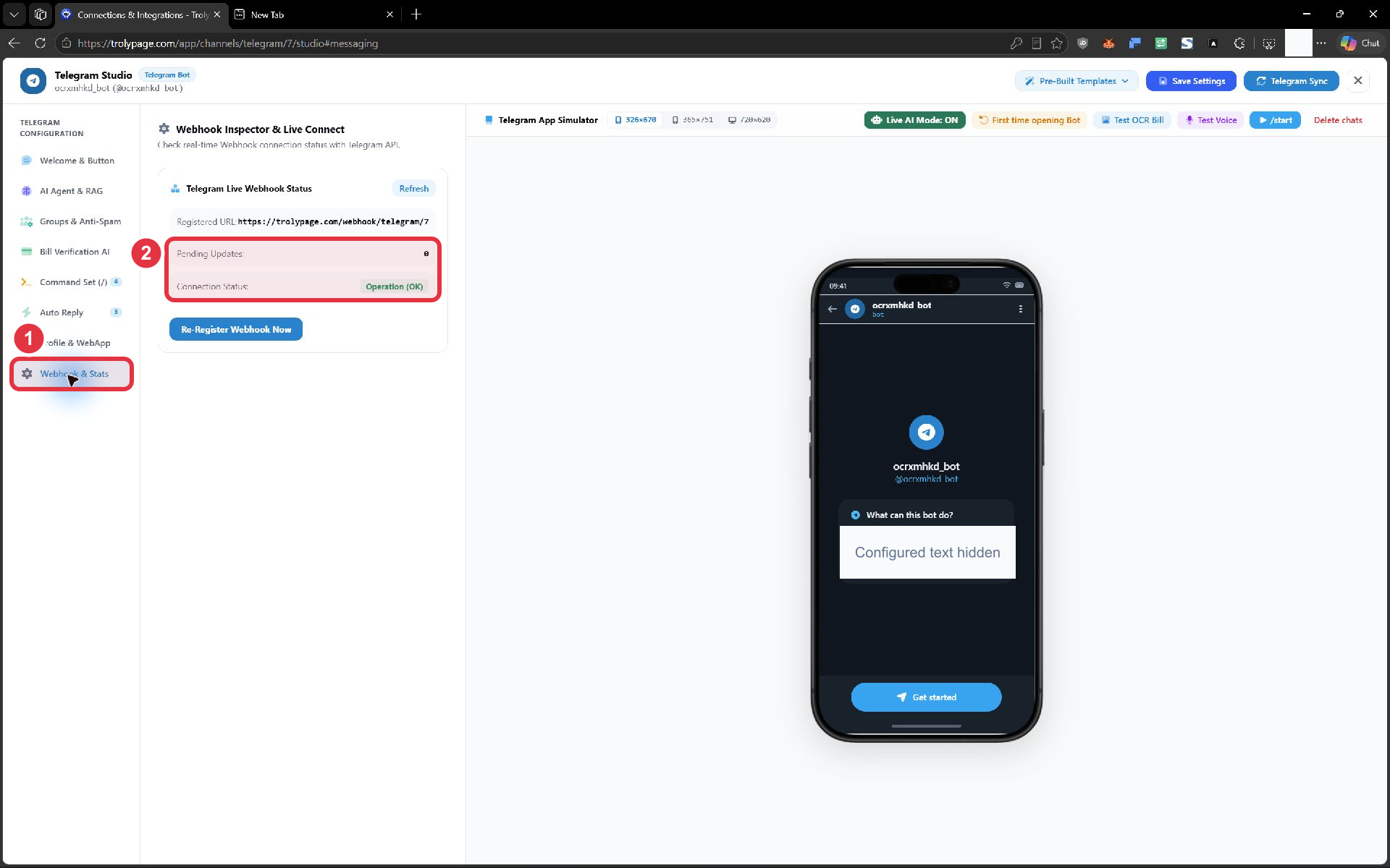 Webhook & Stats hiển thị Operation OK và Pending Updates bằng 0