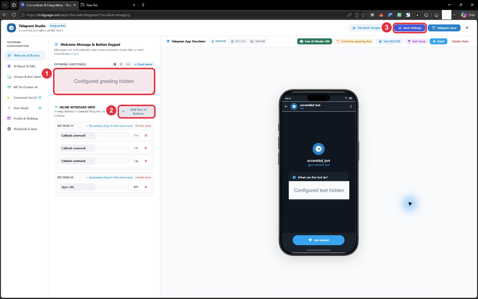 Ô lời chào, nút thêm hàng và Save Settings trong Telegram Studio