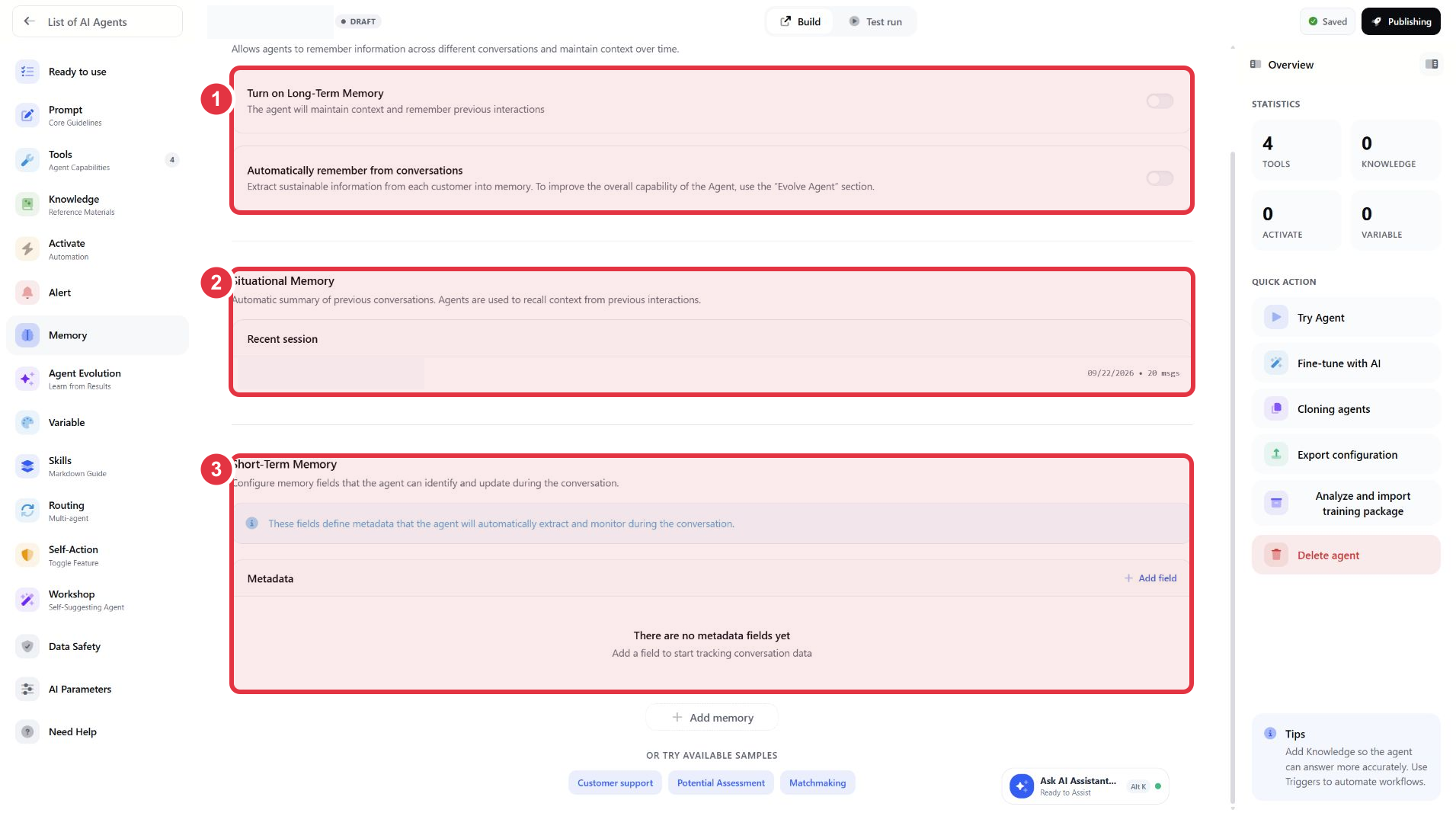 Các lựa chọn bộ nhớ dài hạn, ngữ cảnh và trường metadata trong Memory
