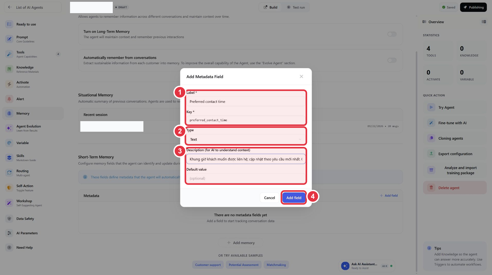 Ví dụ thêm trường Preferred contact time trong Memory